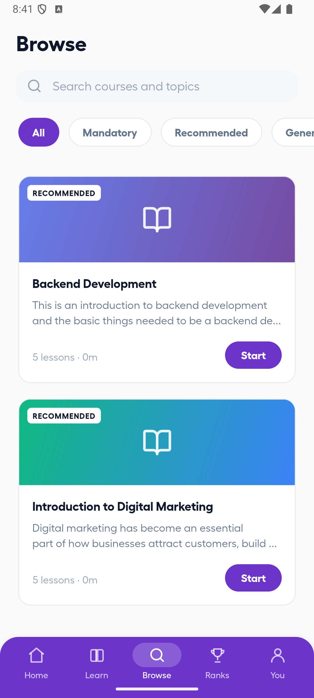 Android Browse catalogue with search and course filters