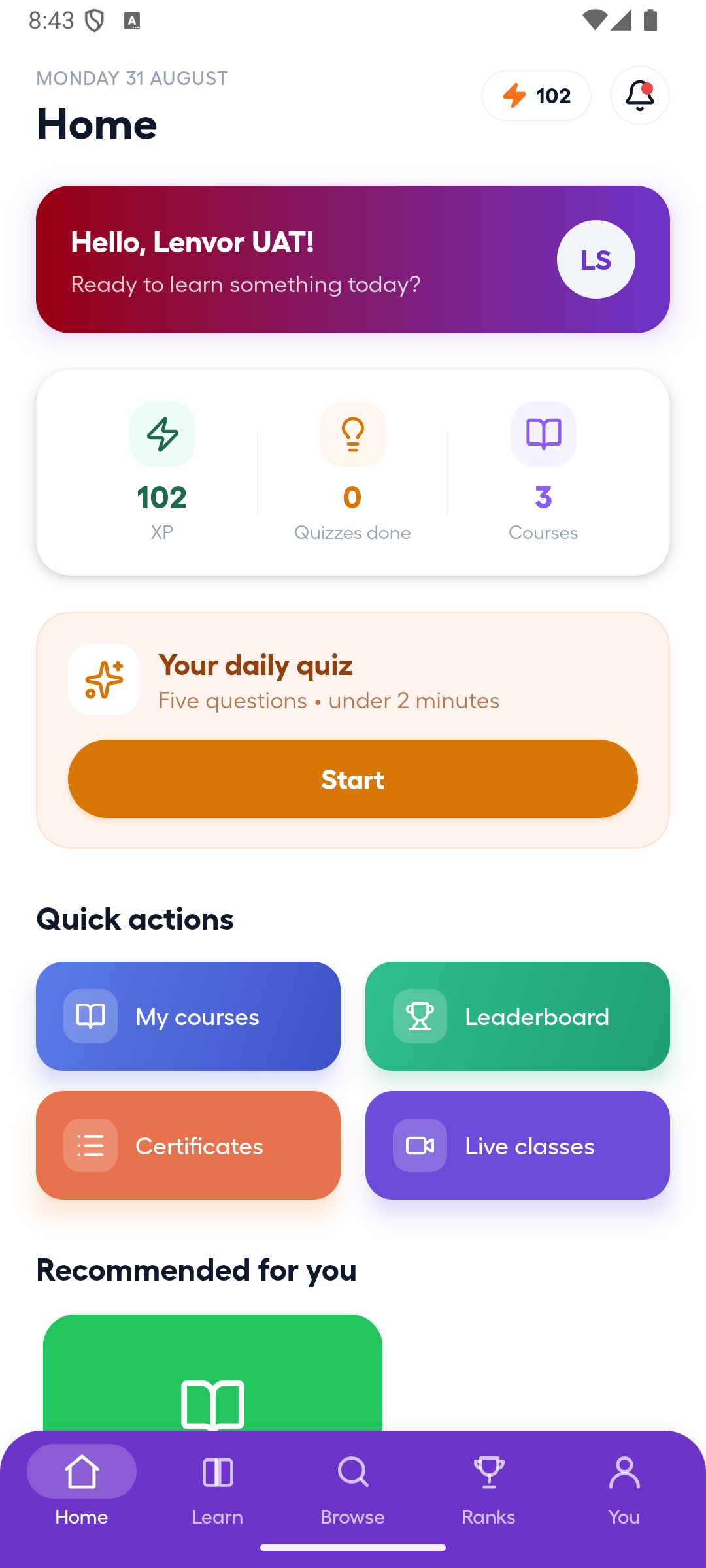 Android Home after course completion with updated XP