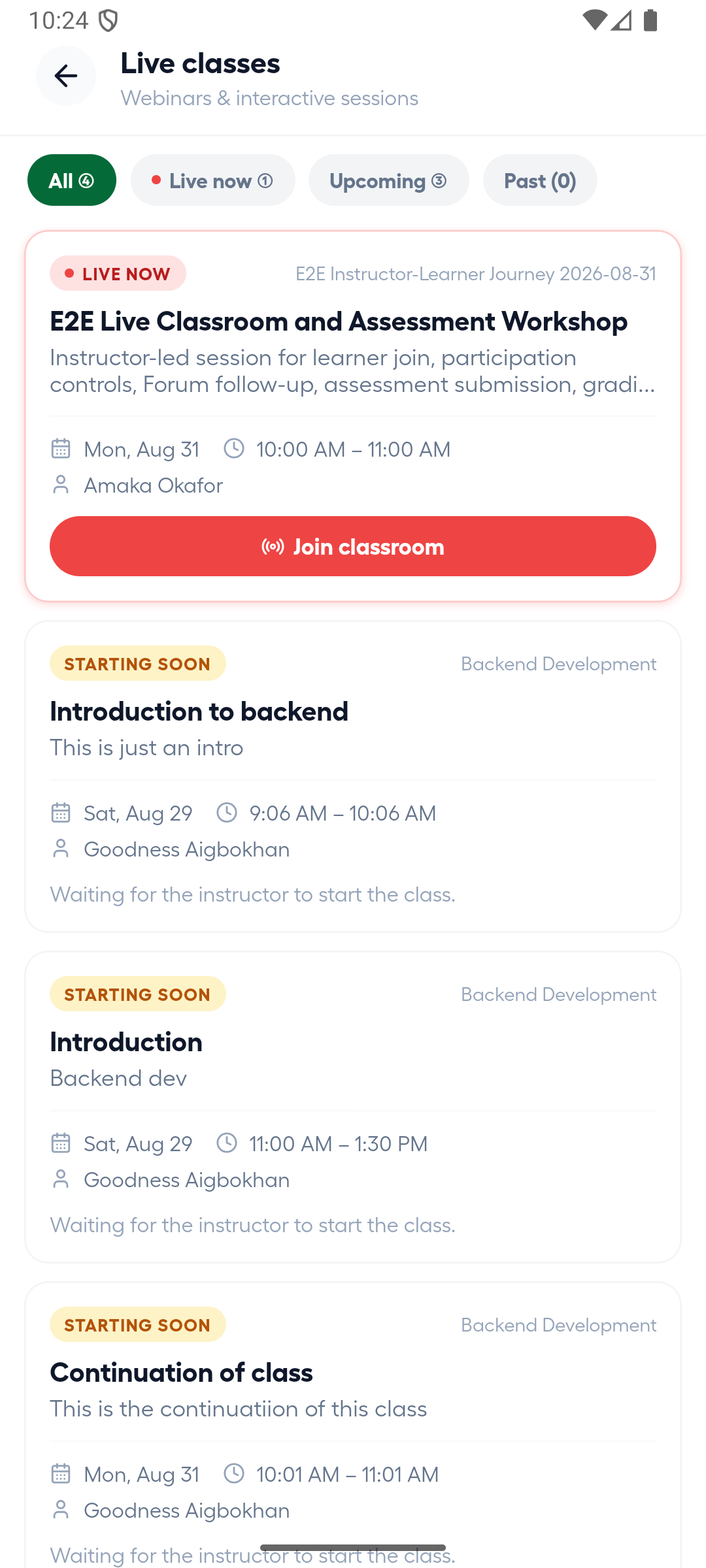 Android Live classes screen with a live session and Join classroom action