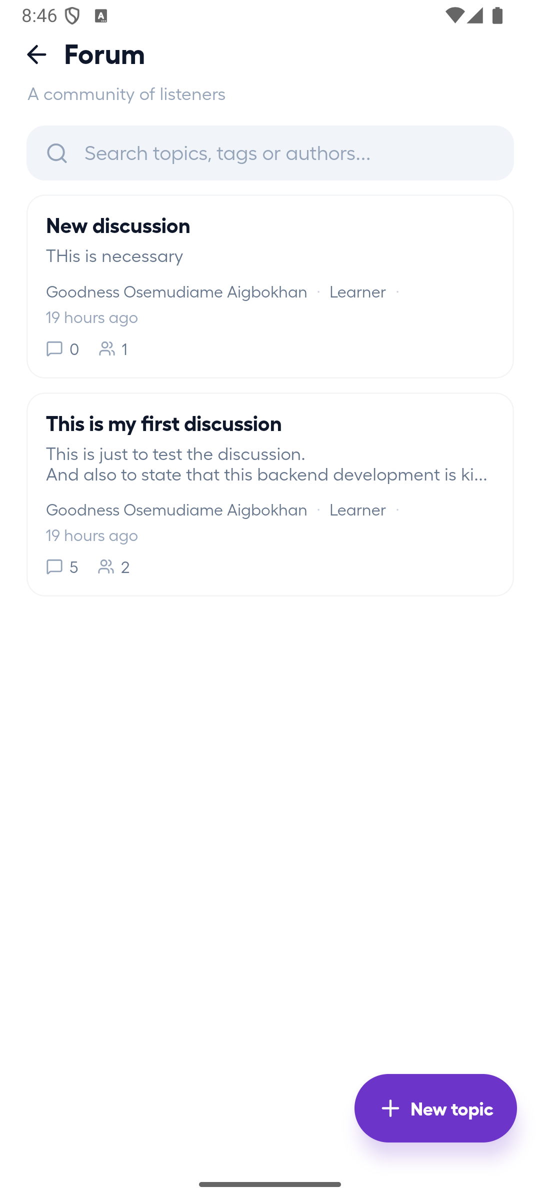 Android course forum with search and New topic controls