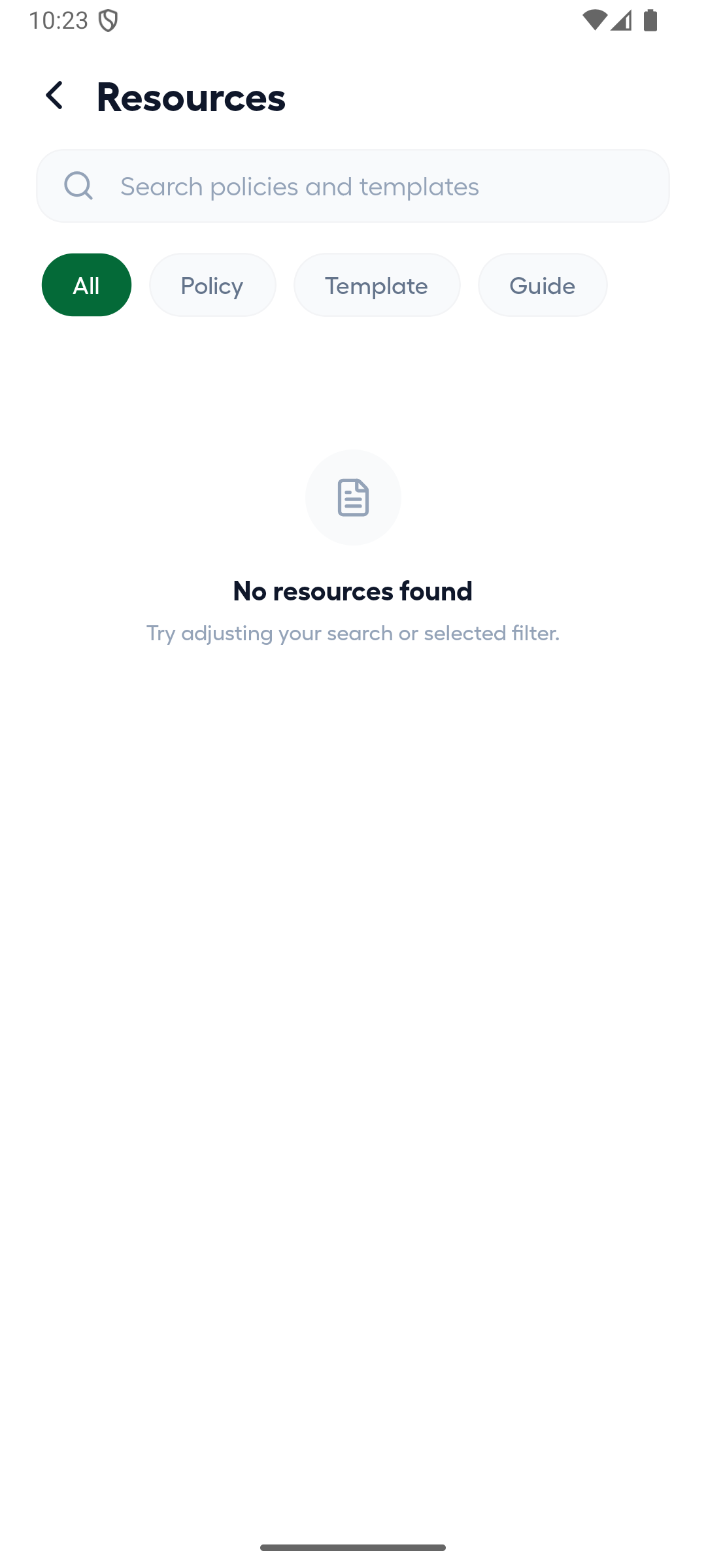 Android Resource library with search, filters, and the current empty state