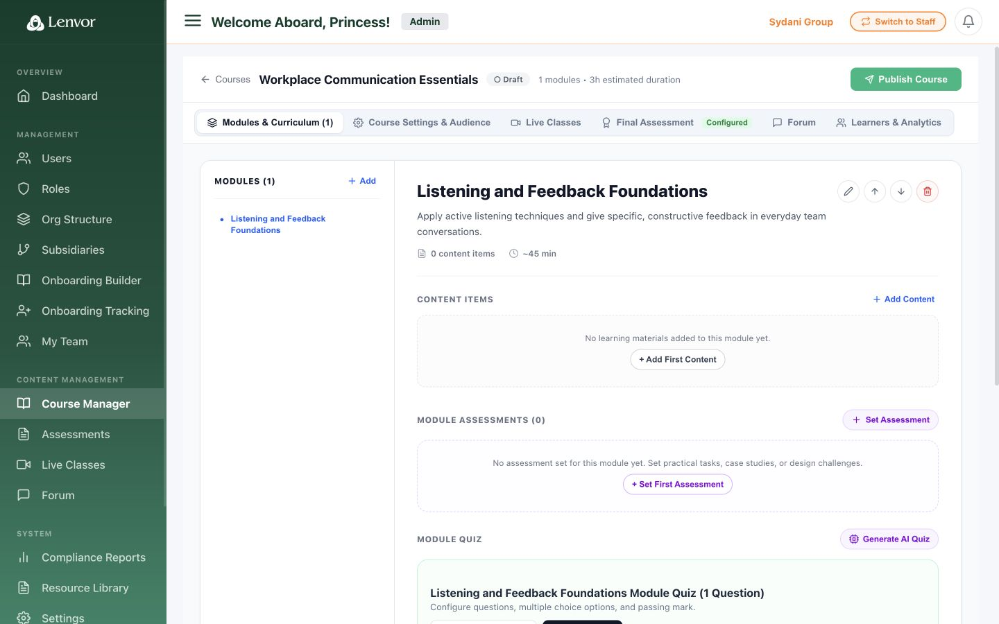 Saved course module with content and assessment controls