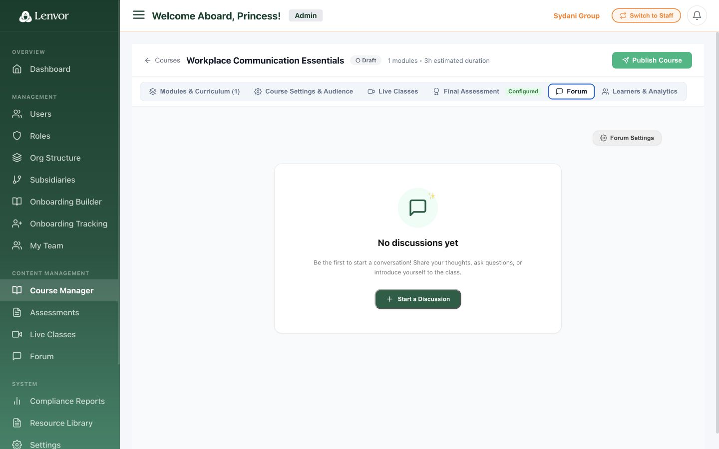 Empty course forum in the draft course builder