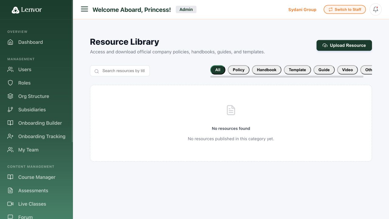 Resource Library with search, categories, and upload control