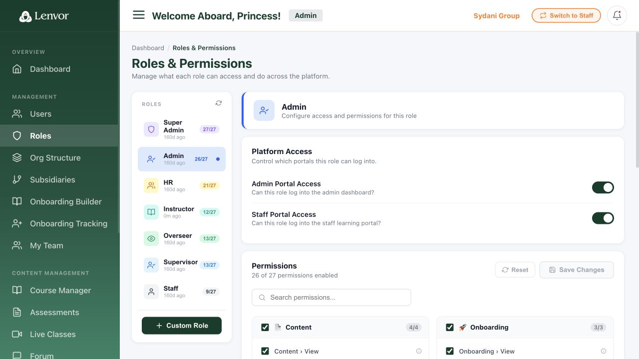 Roles and Permissions page with role and permission controls