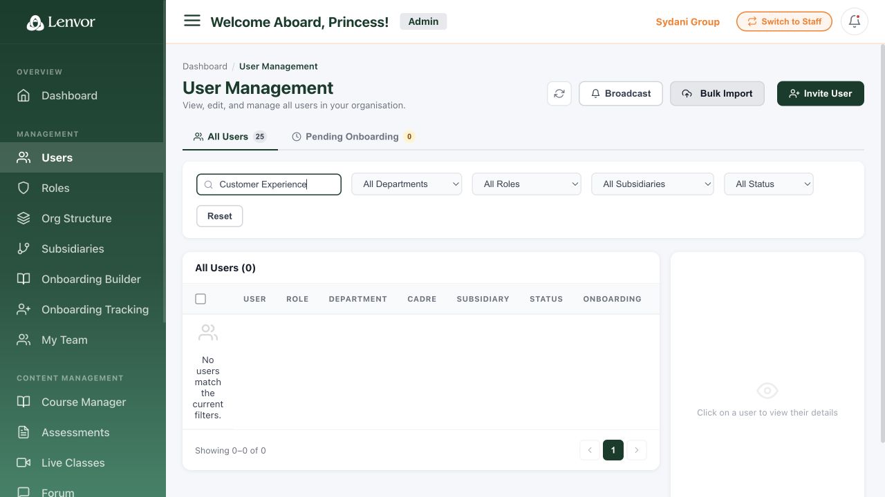 User Management page with search and account filters