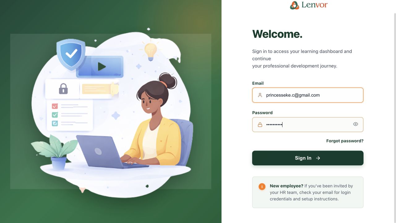 Lenvor sign-in form with an email address and concealed password