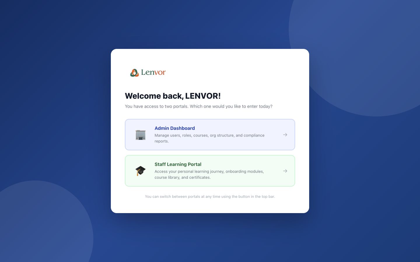 Lenvor portal selector showing the available web workspaces