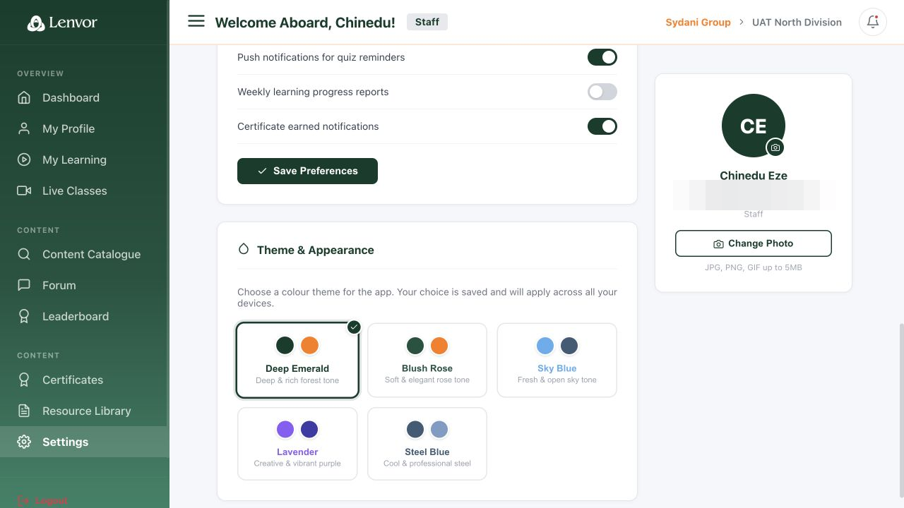 Staff web notification preferences and theme choices